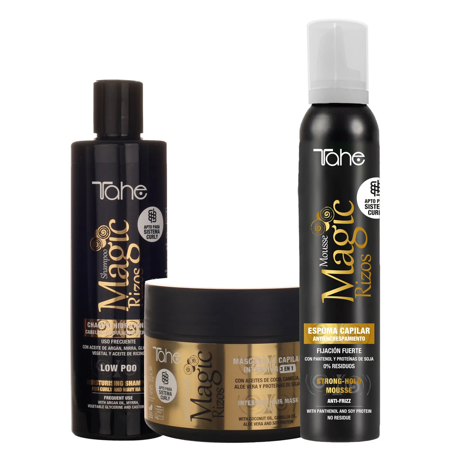 Pack cabellos finos Champú Low Poo Mascarilla intensiva 3 en 1 Espuma capilar antiencrespamiento Magic Rizos | Tahe